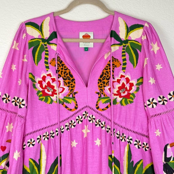 Farm Rio Leopard Forest Mini Dress Pink Size S EUC Anthroplogie - Picture 3 of 13